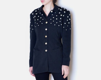 90's embroidered blazer, black and pearly white retro vintage size medium