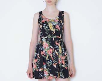 90's floral mini dress, sleeveless black flowers print summer dress, flared a line mini festival dress size medium or large