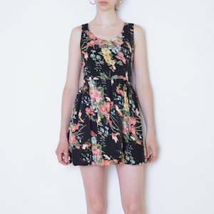 90's floral mini dress, sleeveless black flowers print summer dress, flared a line mini festival dress size medium or large image 1