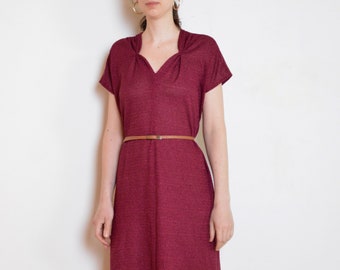 70's burgundy knit dress, dark red bouclé dress with draped neckline, retro vintage medium large