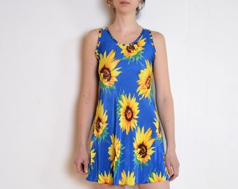 90's sunflower print dress, grunge rave neon psychedelic kitsch festival goa trance tank dress, vintage size small