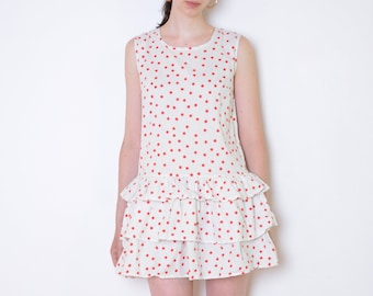 60's polka dot dress, red and white with frills, low dropped waist dress mini dress small