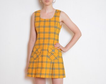 90's French plaid dress, yellow plaid schoolgirl apron dress, wool blend pleaed mini dress, retro, mod vintage shift dress size small medium