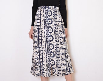 90's ethnic print midi skirt, navy blue and natural white long skirt, geometric, reto vintage grunge, large