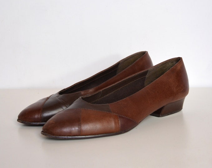 80's Brown Leather Pumps Low Heel Ballerina Shoes Etsy
