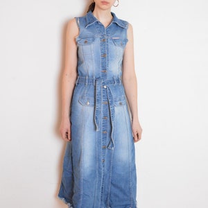 90s denim dress, collared sleeveless dress, flared midi maxi dress, western dress medium large