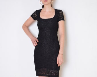 90 es Spitze Bodycon Kleid, geschichtete Kleid, Openwork Retro-Vintage Grunge Mini-Abend kleine schwarze Kleid xs