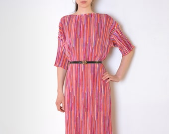 90's Nina Ricci micropleat dress, colorful striped dress, multicolor stripes, long maxi midi dress gown, Parisian French designer dress