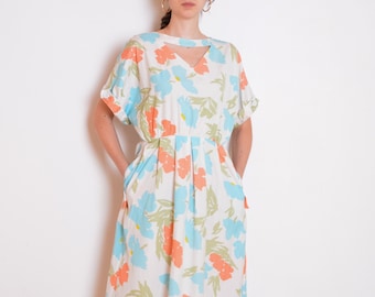 80's buttoned back dress, floral print midi dress, retro pastel aqua blue green orange yellow white vintage kimono sleeves cutoff tea dress