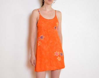 90's batik star print mini dress, orange sleeveless grunge summer vintage dress small medium