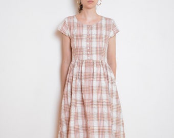 90's plaid print midi dress, off white brown beige red pink check dress, grunge retro cottagecore summer vintage dress medium