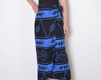 90's wrap skirt, fish print black and blue, seaside, psychedelic, rave, beach vintage midi maxi skirt