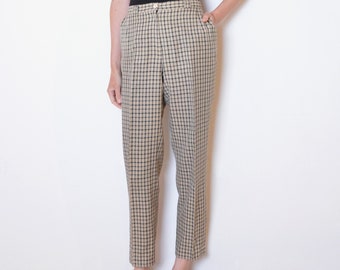 90's plaid trousers, beige and black checked pants, creased retro vintage pants, medium large