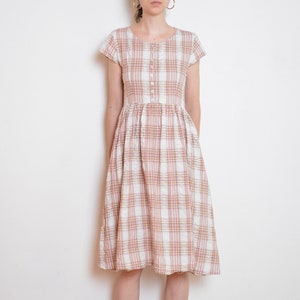 90's plaid print midi dress, off white brown beige red pink check dress, grunge retro cottagecore summer vintage dress medium