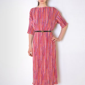 90 &#39;s Nina Ricci mikrorzutowy sukienka, kolorowe paski sukienka, wielobarwny paski, długa suknia Maxi Midi sukienka, paryski francuski projektant sukienka