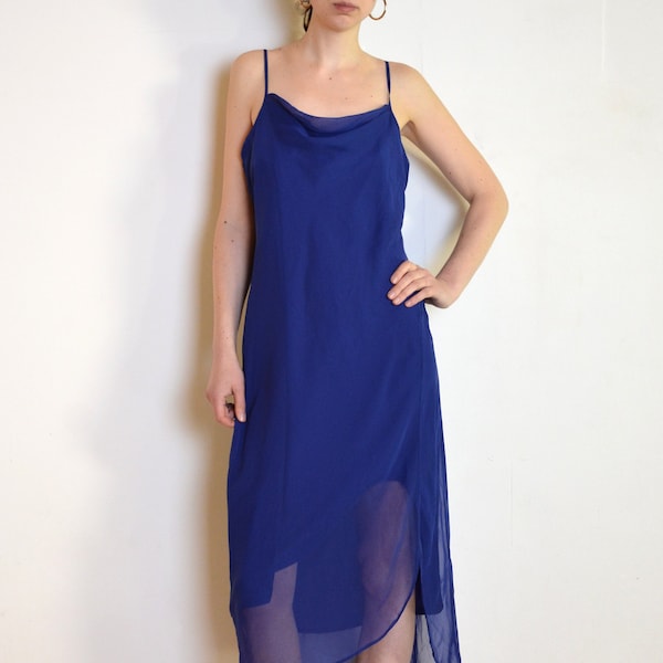 vintage layered chiffon dress, blue strappy plus size dress, xl xxl