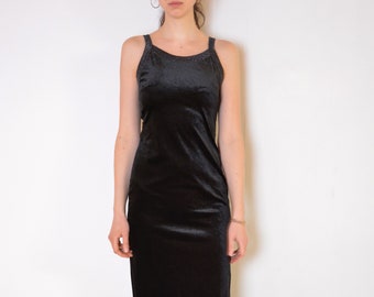 90er Jahre metallischen Borte Samtkleid, Maxi-Kleid, langes Kleid in schwarzem Samt, minimalistisch, Schlitz, Grunge-Kleid, Abendkleid Bodycon Jahrgang