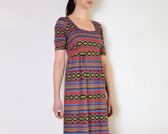 70's maxi dress, geometric pattern red green orange blue black white bohemian hippie vintage dress size medium