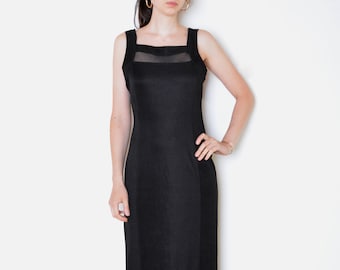 90's sheer panel dress, black maxi dress, long bodycon dress, vintage dress medium
