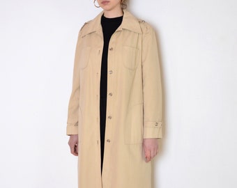 70's beige coat, classic knee length coat, retro old fashioned mac midi coat size medium large