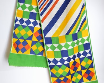 60's geometric print scarf, long multicolor mod bohmian navy blue green white red yellow graphic squares stripes pattern
