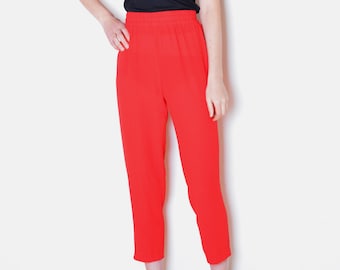 80's red pants, elastic waist loose trousers, high-waisted with cropped tapered legs , retro vintage lounge pants, sailor, nautical small