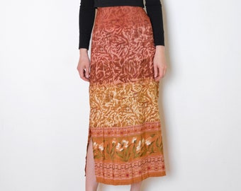90's printed midi skirt, long skirt,brown beige vintage grunge bohemian skirt medium large