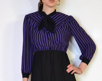 80's striped bow tie dress, purple and black chiffon retro eccentric pin up rockabily schoolgirl midi dress