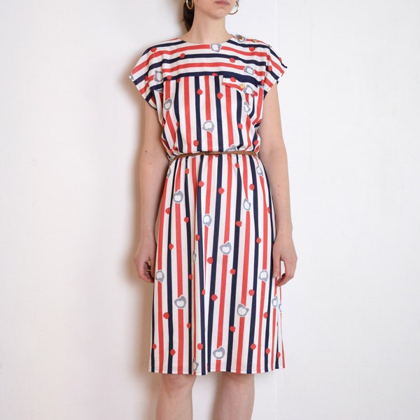 80's French striped dress, navy blue, red and white short sleeve collared midi dress, vintage retro sailor nautical large XL