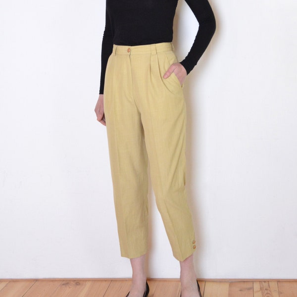 90's beige wool blend pants, yellow beige high waisted minimalist preppy retro cropped small