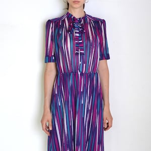 70&#39;s bow tie striped dress, purple, pink, turquoise and white short sleeve midi dress, retro dress