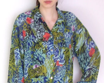80's chiffon jungle print blouse , tiger leopard fllowers "painted" shirt, sheer plus size oversized shirt, kitsch, green, red, navy, purple