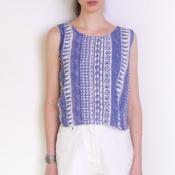 90's patterned top, folk ethnic patterns purple blue and white watercolor print, festival grunge sleeveless blouse, sheer summer blouse