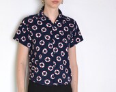 90 39 s Benetton lifebuoy print blouse, retro sailor nautical collared short sleeve summer beach shirt, navy blue red and white, made in Italy