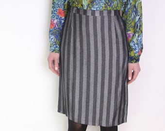 90's striped gray and black pencil skirt, secretary skirt, high waisted skirt, office skirt, striped midi skirt