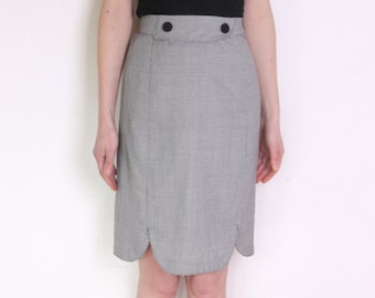90's houndstooth pencil skirt, asymmetric secretary skirt, black and white plaid high waisted skirt, pin up skirt, knee length skirt