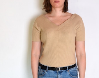 90's cutout back ribbed knit top, open back beige v neck geometric minimalist knitted blouse retro short sleeve top