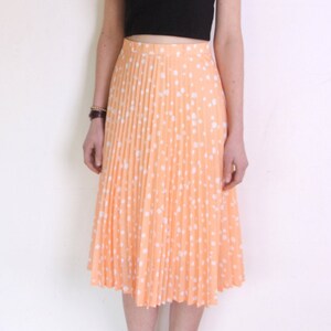 80's Pleated Polka Dot Midi Skirt Peach Pink and White