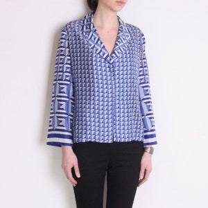 70's Nina Ricci op-art blouse, French designer blouse, geometric print, blue, pajama blazer style, navy white and black scarf print shirt image 1