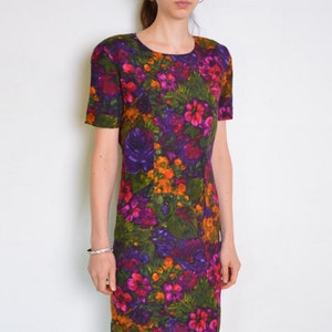 90&#39;s floral shift dress, painted flowers print tea dress, old fashioned retro princess dress, purple, yellow, red , green, pink