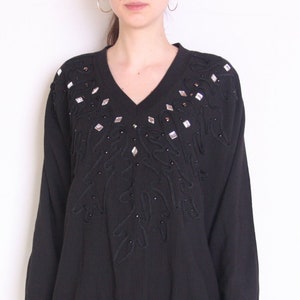 90&#39;s gemstones appliqué blouse, black disco blouse, kitsch blouse, v neck blouse, crystals blouse