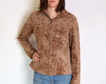 Veste en daim faux des années 90, veste zippée à col brun avec poches, rétro hippie des années 1970 style veste en cuir végétalien tan, taille grande xl