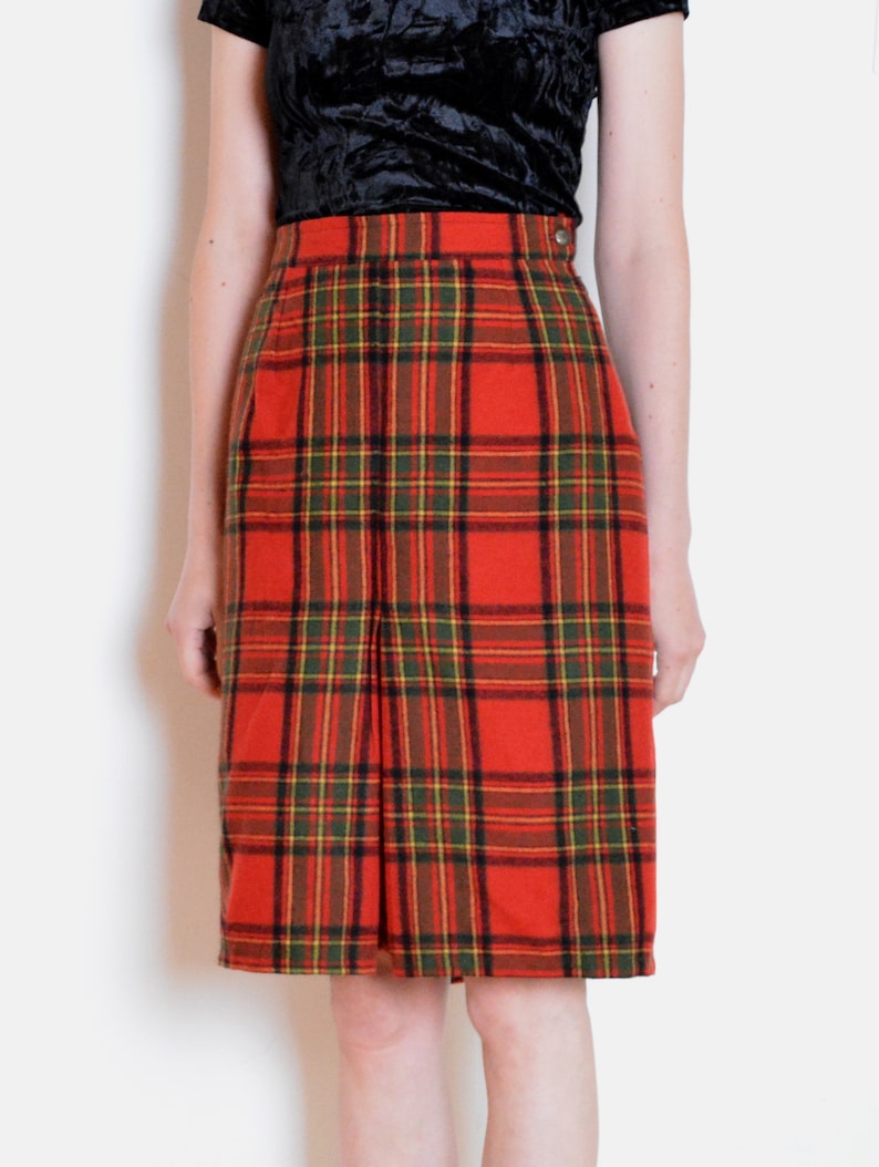 midi red plaid skirt checked knee length skirt red 80/'s tartan skirt with pleat detail green black yellow skirt navy