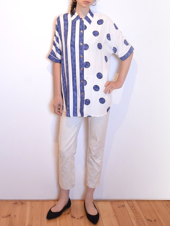 80s dots and stripes blouse, abstract print short… - image 1