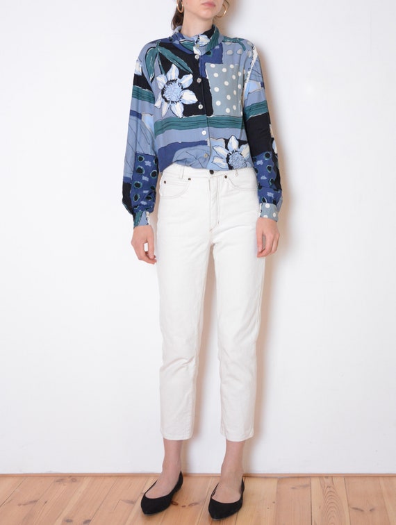 90's abstract print blouse, blue patterned shirt,