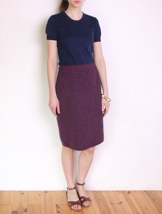 80's tweed skirt, plaid green blue red purple bla… - image 1