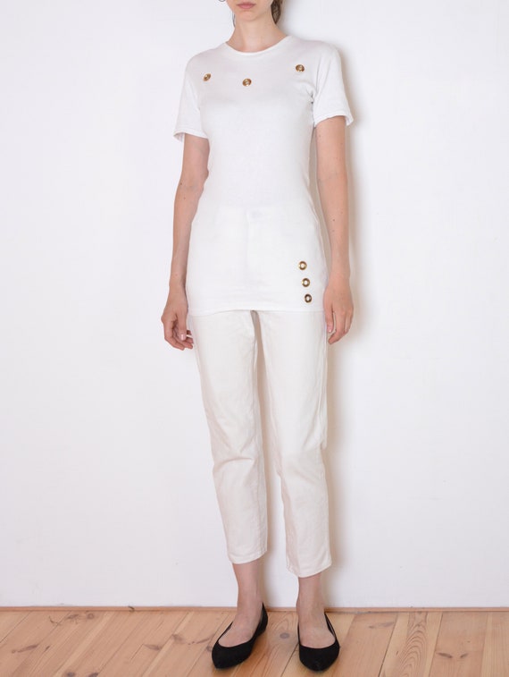 90's Metal Eyelets White Top, Long T Shirt, Vintage Tunic