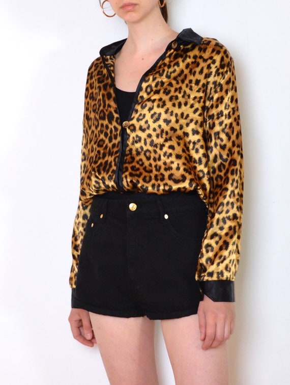 80's satin shirt bodysuit with animal print, blac… - image 5