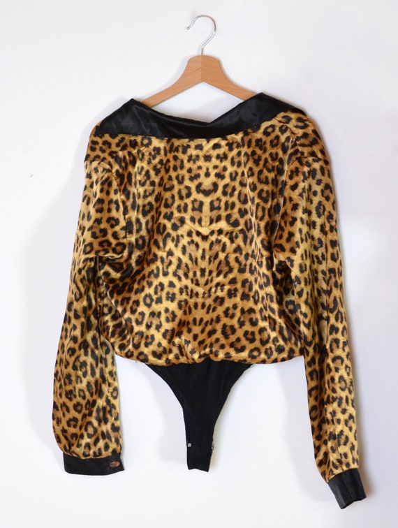 80's satin shirt bodysuit with animal print, blac… - image 7