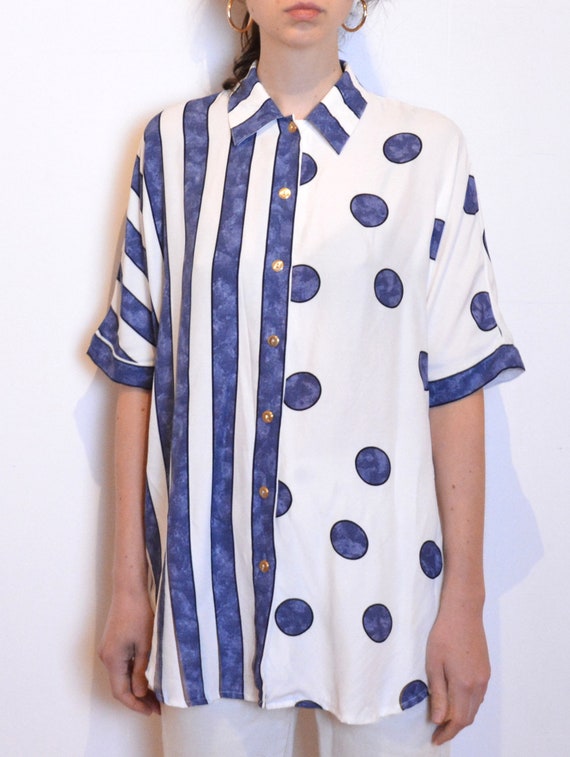 80s dots and stripes blouse, abstract print short… - image 5